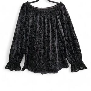 Knox Rose Velvet Floral Shirt Womens Large‎ Black Ruffle Lace Whimsigoth Blouse
